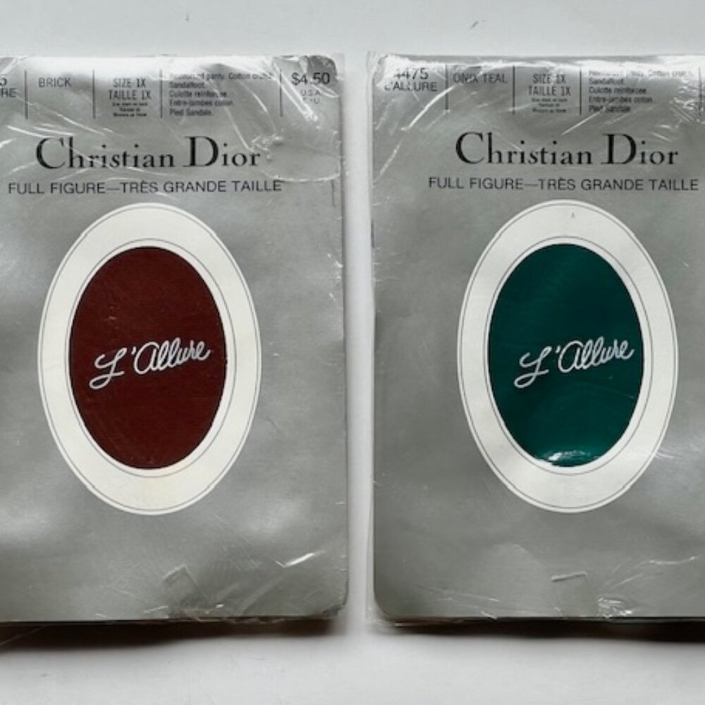 Pair (2) Vintage CHRISTIAN DIOR L'Allure Pantyhose, Brick, Onix Teal,IOP, Sz 1X